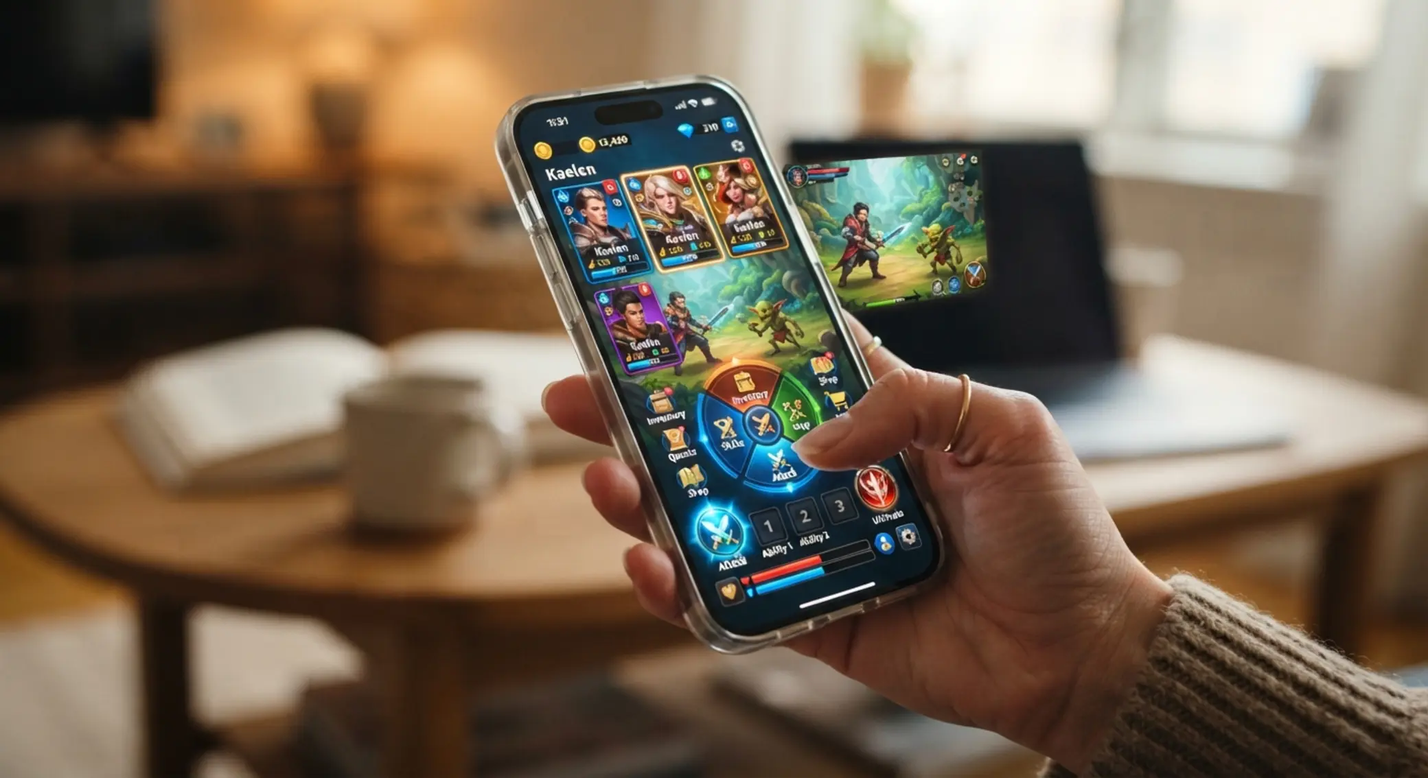 Korzystanie z kasyna online na iPhone w widoku z dłonią i ekranem gry